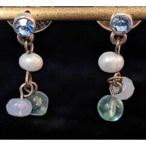 Blue Crystal Pearl Bead Dangle Post Earrings